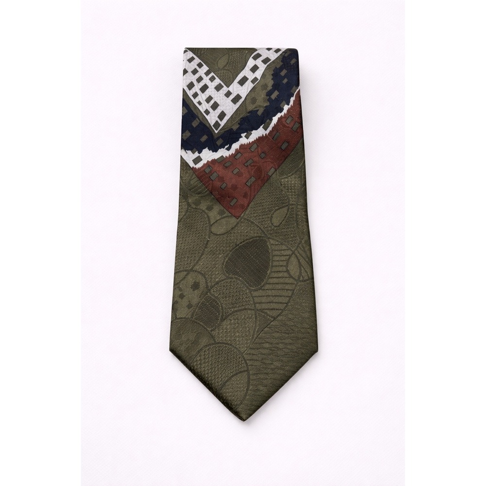 Pierre Balmain‎ Couture Silk Tie Mens Olive Green Geometric Abstract Wide 4 Inch